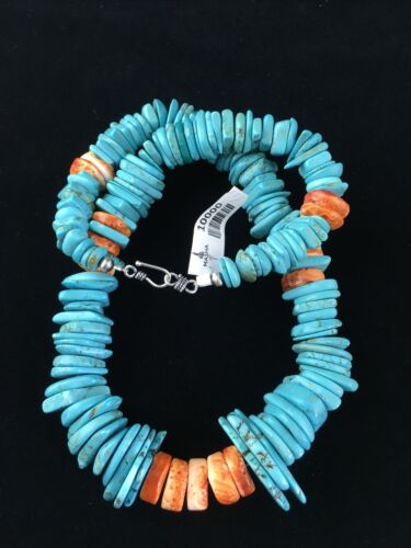 Navajo Natural Blue Turquoise & Spiny Oyster Graduated Necklace | Sterling Silver | Authentic Native American | 20" | 10000