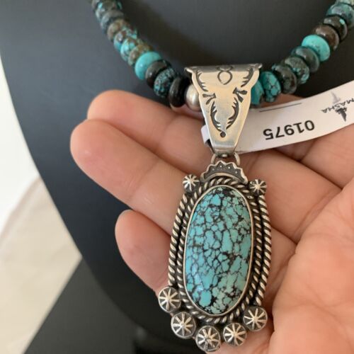 Men's Navajo Spiderweb Kingman Turquoise Pendant Necklace | Sterling Silver | Native American Handmade | 01975