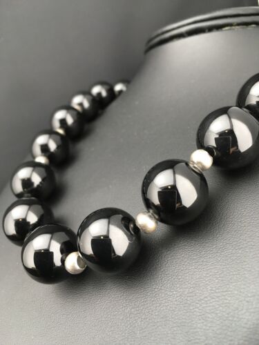 Navajo Sterling Silver Black Onyx Bead Necklace | 18" | Authentic Native American Handmade | 1104