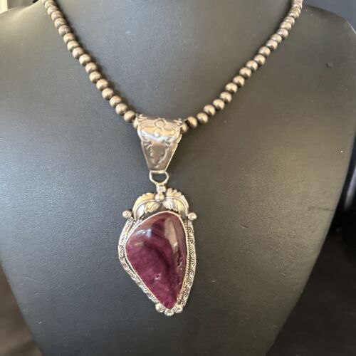 Navajo Purple Spiny Oyster Necklace Pendant for Women | Sterling Silver | Authentic Native American Handmade | 14661