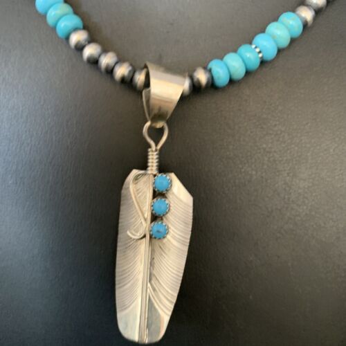 Navajo Blue Turquoise Feather Pendant Necklace | Authentic Native American Sterling Silver | Multi-Stone | 13821