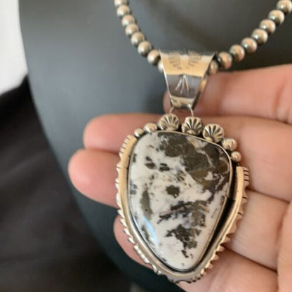 Men's Navajo White Buffalo Turquoise Pendant | Sterling Silver | Authentic Native American Handmade | 11844