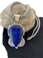 Native American Men's Navajo Pearls Necklace Pendant | Sterling Silver Blue Lapis | 1539