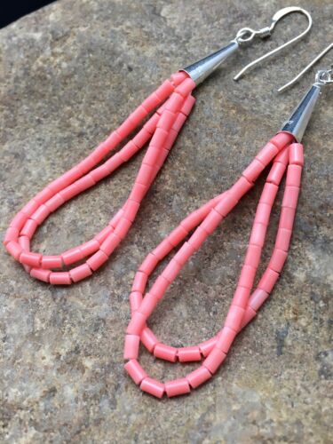 Navajo Pink Coral Heishi Dangle Earrings | Liquid Sterling Silver | 2 Strand | Authentic Native American | 4398