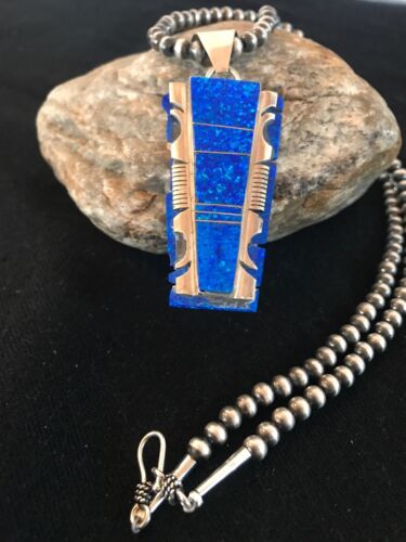 Authentic Native American Navajo Pearls Bead Necklace | Sterling Silver with Blue Opal Pendant | 8281