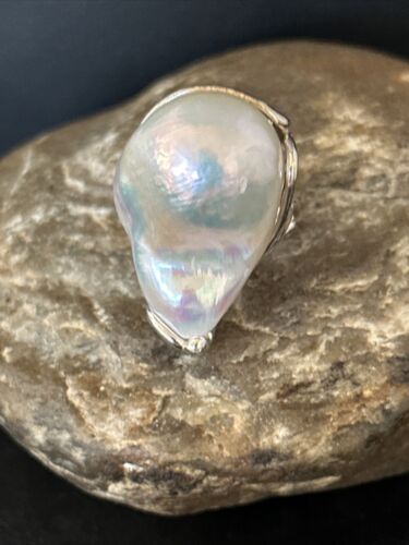 Native American Women's White Baroque Pearl Ring | Adjustable Sterling Silver | Sz 6 | 14264