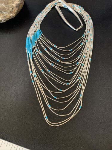 Turquoise Liquid Silver Heishi Necklace | 20 Strand Sterling Tube Pendant | Native American Handmade | 12296