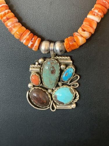 Navajo Green Turquoise and Spiny Bead Pendant Necklace | Sterling Silver | Authentic Native American Handmade | 00575
