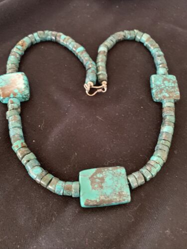 Native American Rustic Turquoise Nugget Heishi Bead Necklace | Sterling Silver | 22" | 01397