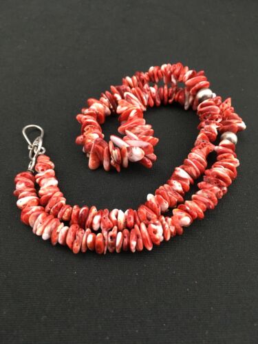Navajo Red Spiny Oyster Necklace | Sterling Silver | Authentic Native American | 18" | 4767