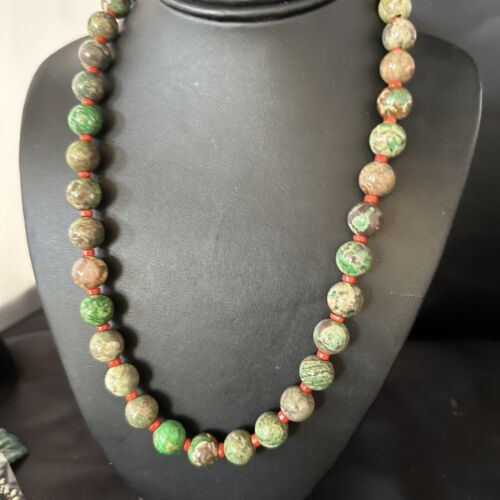 Navajo Green Turquoise Red Coral Necklace | Sterling Silver | 20" | Authentic Native American Handmade | 14736