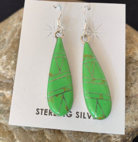 Southwestern Navajo Green Gaspeite Inlay Earrings | Sterling Silver | 1.5" | 977