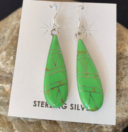 Southwestern Navajo Green Gaspeite Inlay Earrings | Sterling Silver | 1.5" | 977