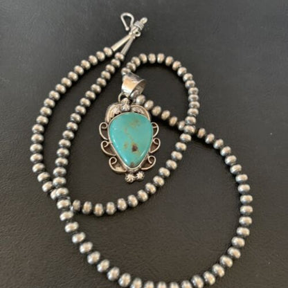Men's Navajo Pearls Necklace with Blue Turquoise Pendant | Sterling Silver | Authentic Native American Handmade | 11137