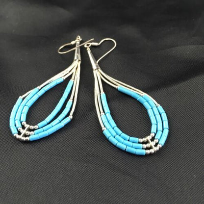 Native American Turquoise Heishi Tube Dangle Earrings | Sterling Silver | 2" | 8875