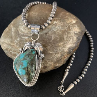 Navajo Spiderweb Turquoise Pendant Necklace | 2.25" | Sterling Silver | Authentic Native American Handmade | 13979