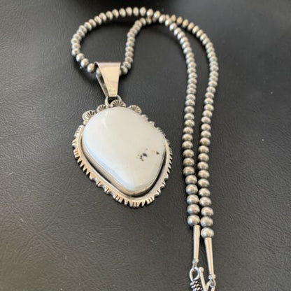 Men's Navajo White Buffalo Turquoise Pendant Necklace | Sterling Silver | Authentic Native American Handmade | 11846