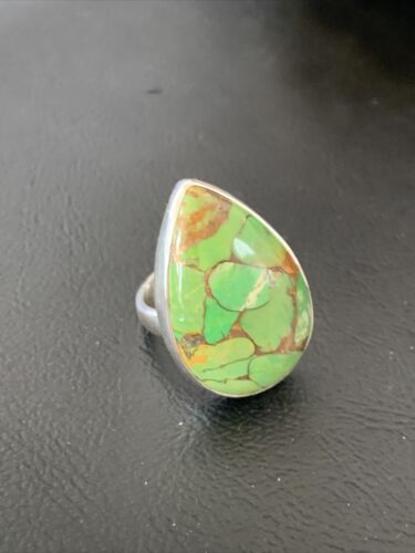 Adjustable Navajo Green Mojave Turquoise Ring | Sterling Silver | Sz 8 | 11786