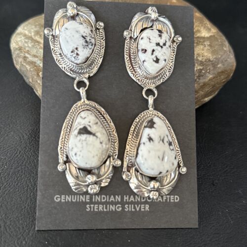 Navajo White Buffalo Turquoise Dangle Earrings | Sterling Silver | 2.5" | Authentic Native American Handmade | 14739