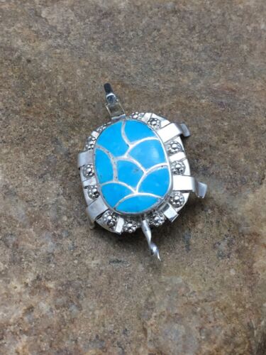 Authentic Native American Zuni Sterling Silver Turtle Pin Pendant | Blue Turquoise | Handmade | 2805