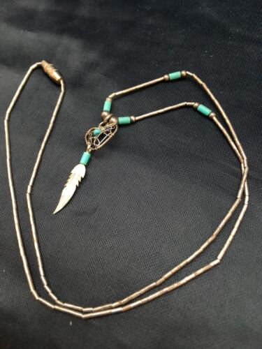 Navajo Turquoise Feather Pendant Necklace | Sterling Silver | Native American Handmade | 8970