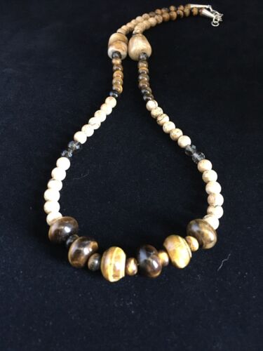 Women's Graduated Tigers Eye & Picture Jasper Necklace | Sterling Silver | Authentic Native American | 21"