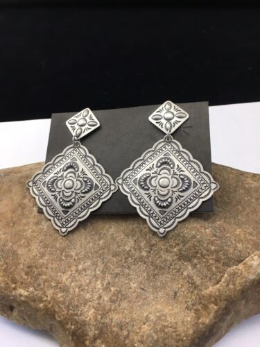 Handmade Sterling Silver Stamped Earrings | Navajo | Authentic Native American Jewelry | 2.75" | 01725