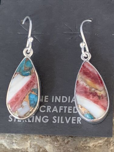 Navajo Purple Spiny Oyster Turquoise Dangle Earrings | Sterling Silver | Authentic Native American Handmade | 14081