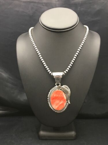 Navajo Red Spiny Oyster Pendant Necklace Set | Sterling Silver | Authentic Native American Handmade | Yazzie | 2879