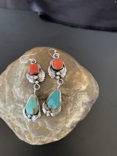 Navajo Green Royston Turquoise Red Coral Dangle Earrings | Sterling Silver | Authentic Native American Handmade | 2054