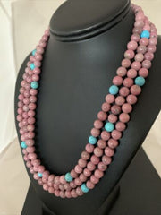 Navajo Turquoise Rhodochrosite Necklace | Sterling Silver | 3 Strand | Authentic Native American Handmade | 01993