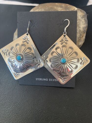 Navajo Turquoise Stamped Earrings | Sterling Silver | Authentic Native American Handmade | 1203