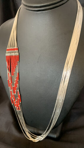 Red Coral Heishi Necklace | 10 Strand Liquid Silver | Sterling Silver Tubes | 26" | 13060