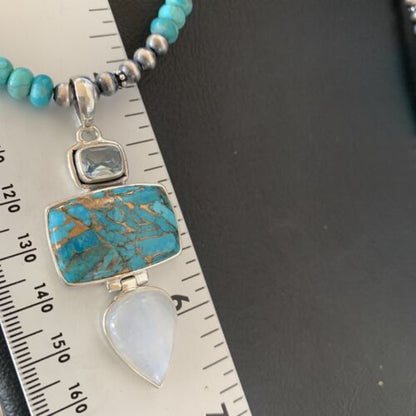 Navajo Pearls Necklace with Blue Mojave Turquoise Moon Pendant | Authentic Native American Sterling Silver | Multi-Stone | 11867