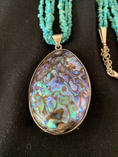 Navajo Sterling Blue Turquoise 4 Strand Necklace | Pava Shell Pendant | 19" Multi-Strand | Southwestern | 00890