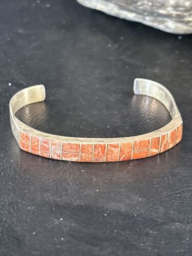 Authentic Native American Navajo Sterling Silver Bracelet | Red Spiny Oyster Inlay | Old Pawn | 14532
