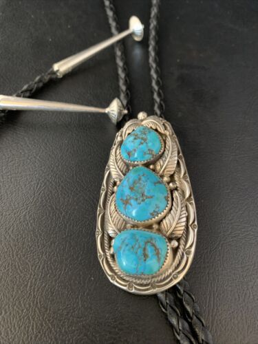 Ultra Rare Navajo Men's Bolo Tie | Blue Kingman Turquoise | Sterling Silver | Authentic Native American Handmade | 13667