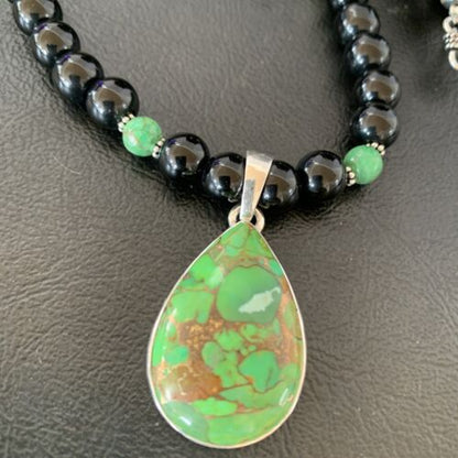 Navajo Pearls Onyx Mojave Turquoise Pendant Necklace | Sterling Silver | Authentic Native American Handmade | 10346
