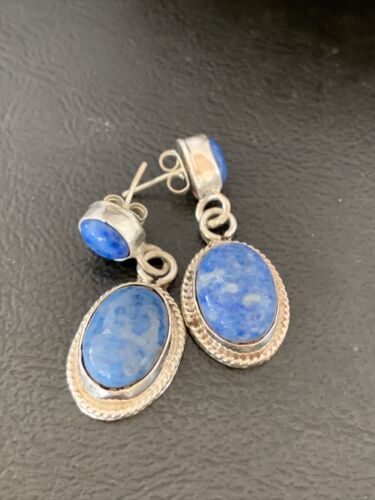 Navajo Denim Lapis Dangle Earrings | Sterling Silver | 1.1" | Authentic Native American Handmade | 1700