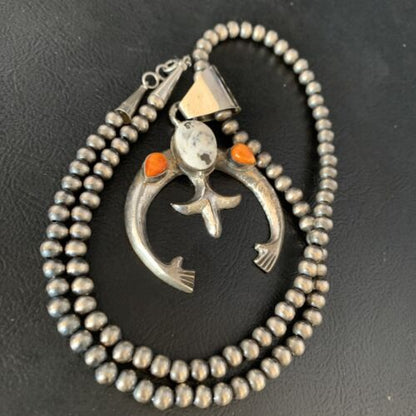 Navajo White Buffalo Turquoise & Spiny Oyster Naja Pendant | Sterling Silver | Authentic Native American Handmade | 13647
