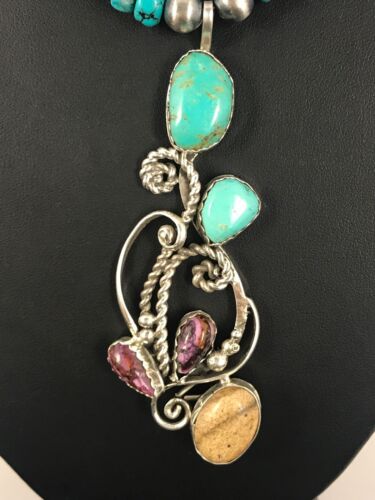 Navajo Blue Turquoise & Spiny Oyster Multi-Stone Pendant Necklace | Authentic Native American Sterling Silver | 8487 - Masha USA