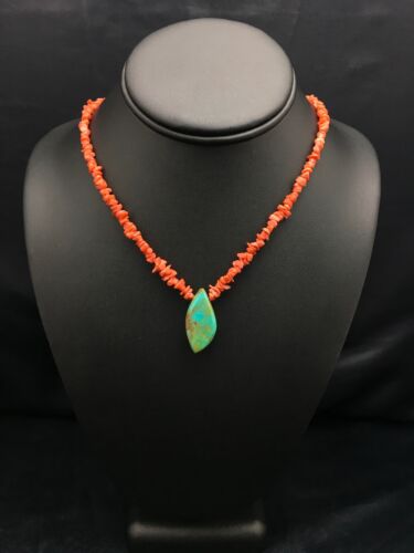 Native American Turquoise Coral Pendant Necklace | Brass Old Pawn | 19" | 4005 - Masha USA