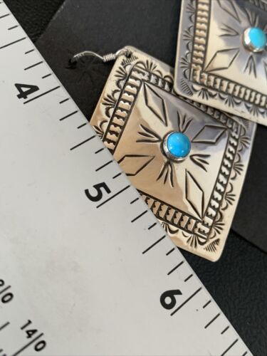 Navajo Blue Turquoise Earrings | Stamped Sterling Silver | Authentic Native American Handmade | 12912
