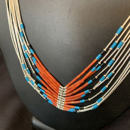 Multi-Color Liquid Silver Heishi Necklace | 10 Strand Sterling Tubes | Native American Handmade | 12300