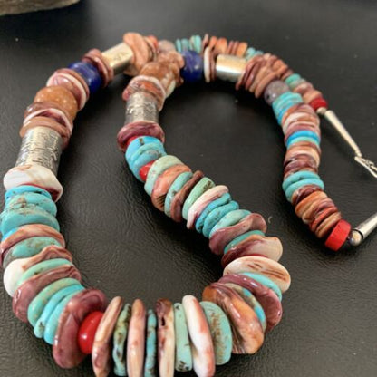 Native American Sterling Silver Necklace | Turquoise, Spiny Oyster, Coral, Lapis | 24" | 11869