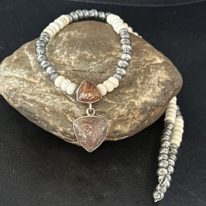 Navajo Pearls Wild Horse Turquoise Necklace Pendant | Sterling Silver | Authentic Native American Handmade | 14374
