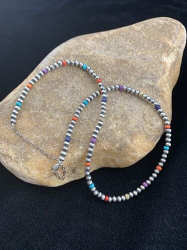 Navajo Pearls 4mm Multi-Color Bead Necklace | Sterling Silver | 18" | Single Strand | Southwestern