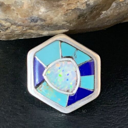 Navajo Blue Turquoise Lapis Opal Necklace Pin | Sterling Silver | 1" | Authentic Native American Handmade | 13697