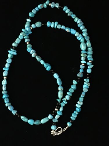 Southwestern | Blue Nugget Turquoise Onyx Necklace | Sterling Silver | 19" | 10021