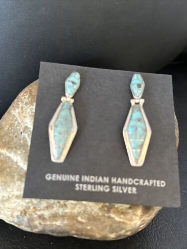 Navajo Blue Turquoise Inlay Earrings | Sterling Silver | 1" | Authentic Native American Handmade | 14775